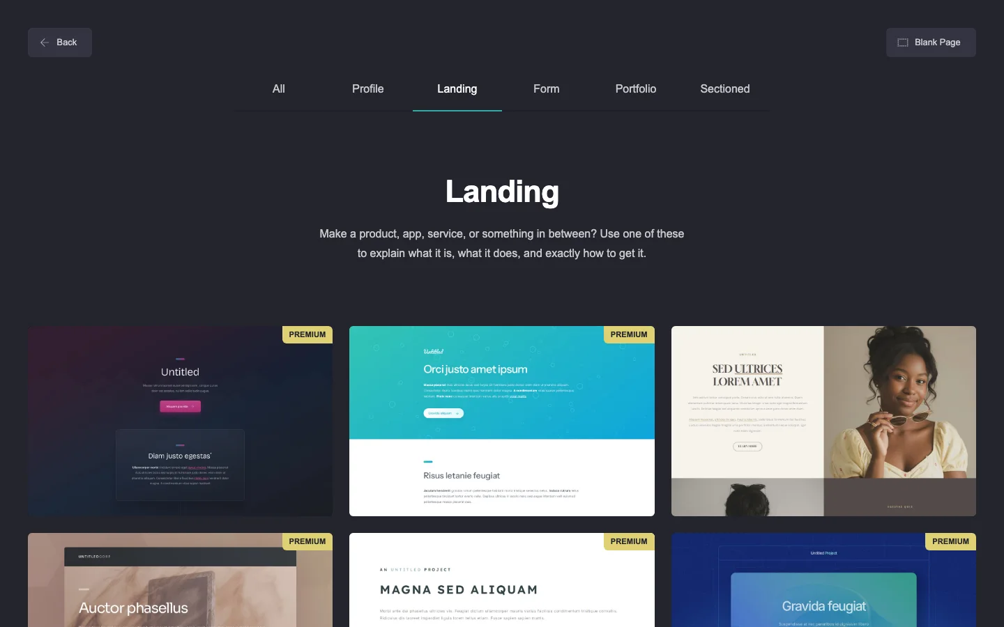 Carrd's template picker showing landing page templates, several marked Premium.