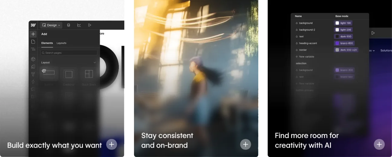 Webflow's design feature page showing the Designer's Add panel with layout elements, and its variables panel with light and dark modes.
