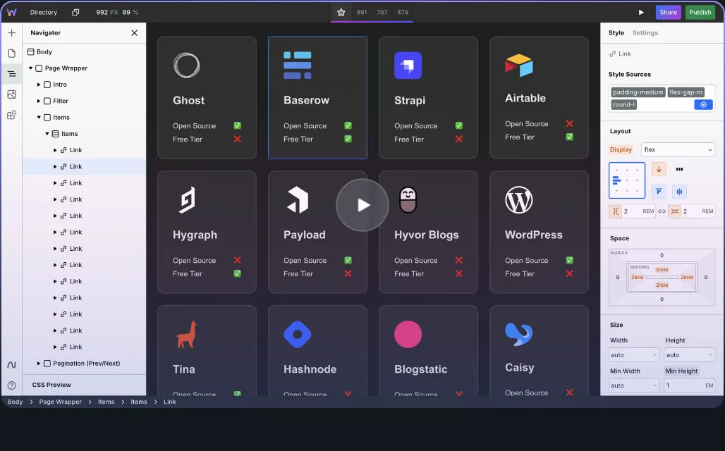 Webstudio's builder with the Navigator tree on the left, a directory page on the canvas, and the style panel on the right.