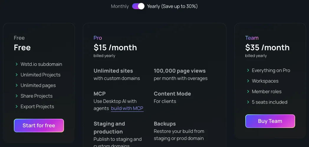 Webstudio's cloud plans: Free, Pro at $15 a month with unlimited sites on custom domains and 100,000 page views, Team at $35 a month with 5 seats, billed yearly.