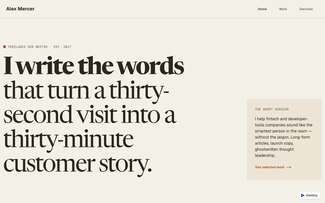 A published freelance writer's site built from the Booked template, with a large serif headline and a small Swebsy badge in the bottom corner.