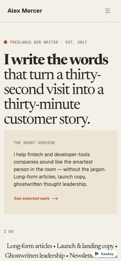Booked's portfolio layout in a narrow mobile viewport.