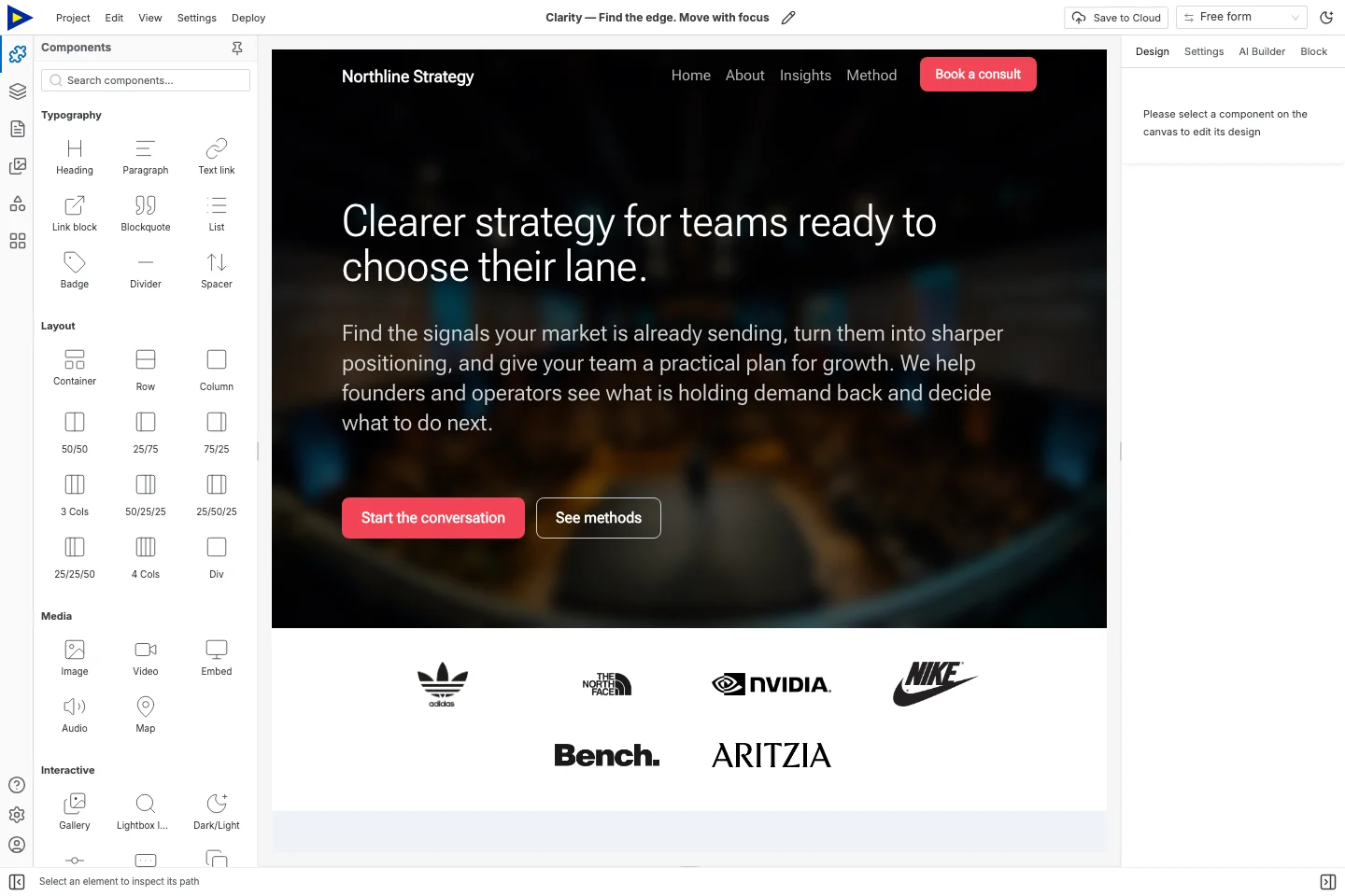 Clarity's homepage in Swebsy Studio.