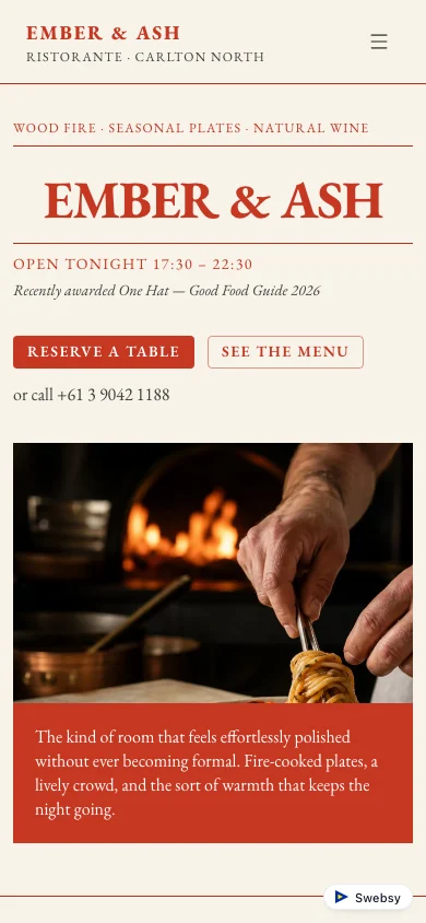 Ember's homepage at a narrow phone viewport.