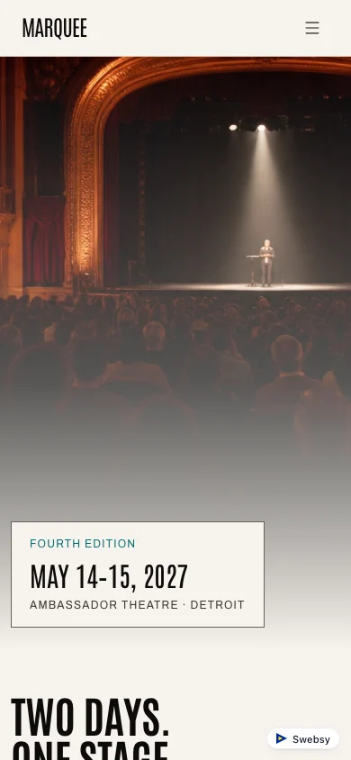 Marquee's event homepage at phone width.