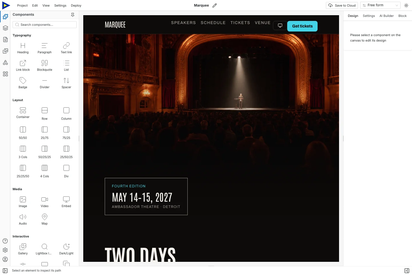 Marquee loaded in Swebsy's visual editor.