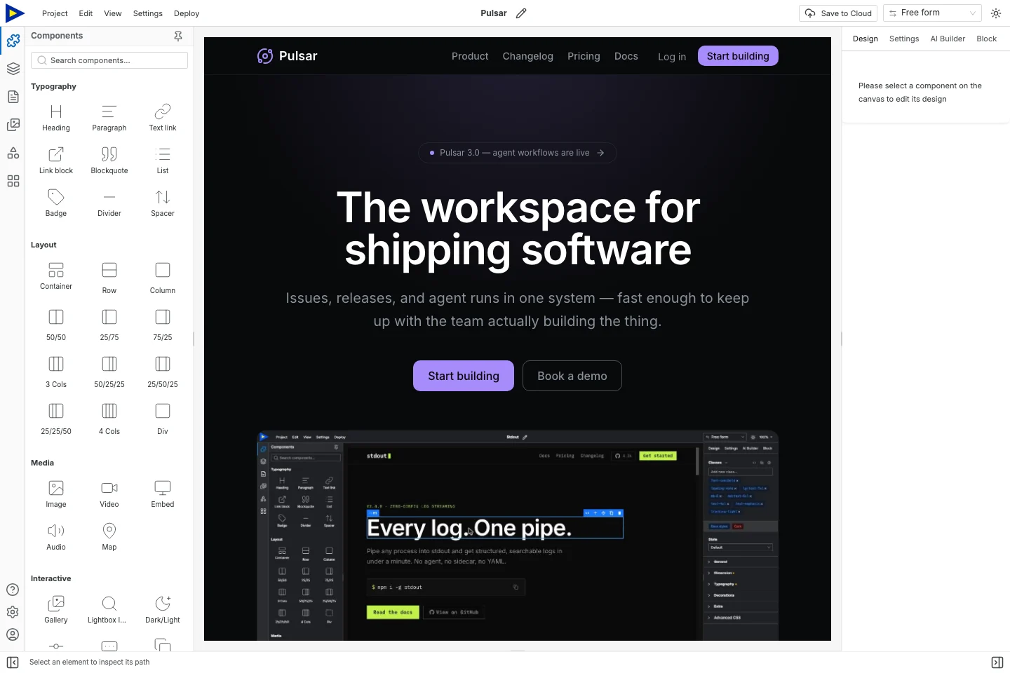 The Pulsar product-site template open in Swebsy Studio.