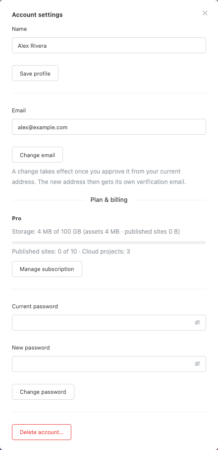 The Account settings dialog showing name, email, a Plan and billing section, password fields, and Delete account.