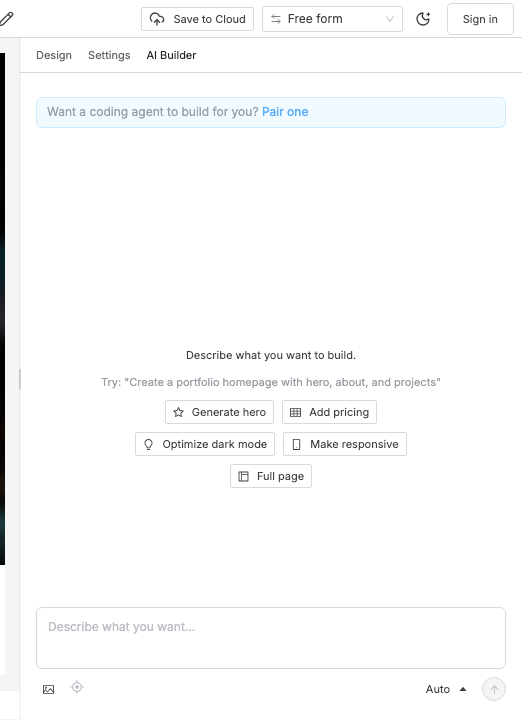 The AI Builder tab of the right sidebar with quick action buttons for Generate hero, Add pricing, Optimize dark mode, Make responsive, and Full page, above a message box.