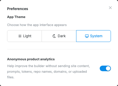 The Swebsy Preferences modal showing App Theme and Anonymous product analytics controls.