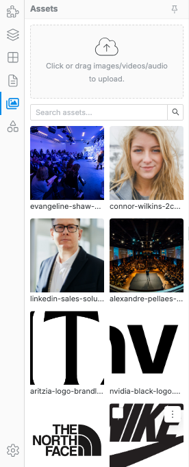 The Swebsy Assets tab with upload controls and an asset gallery grid.