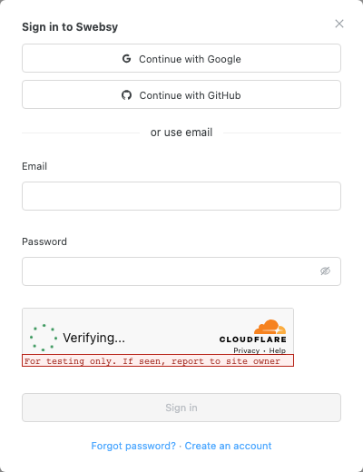 The Swebsy sign-in dialog with Google and GitHub buttons above an email and password form.