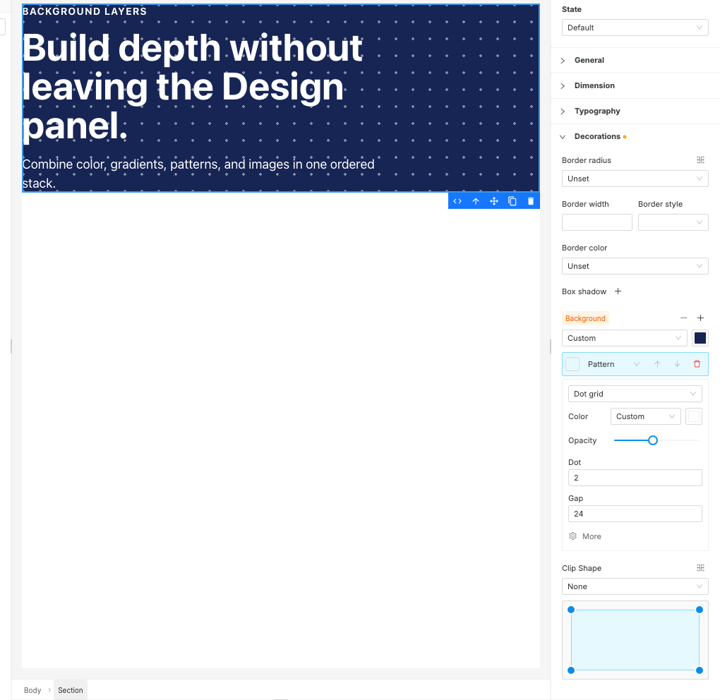 The Swebsy canvas beside the Background editor, showing the Dot grid pattern controls.