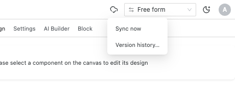 The cloud status icon in the Studio topbar with its menu open, showing Sync now and Version history.