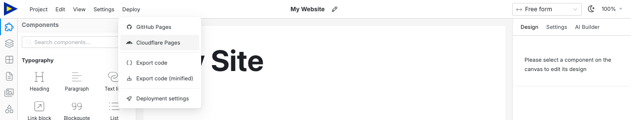 The Deploy dropdown open in the Swebsy top bar, with Cloudflare Pages highlighted