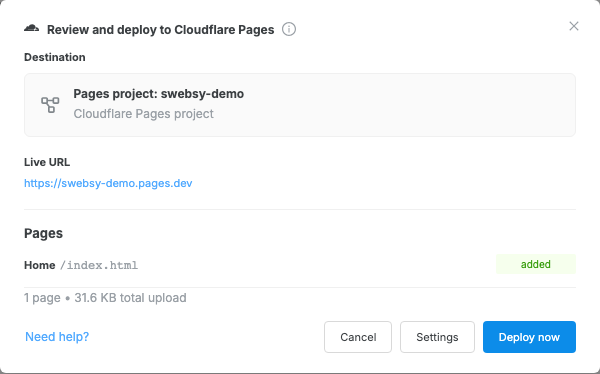 The Deploy review modal showing a Cloudflare Pages project, live URL, pages list, and Deploy now button