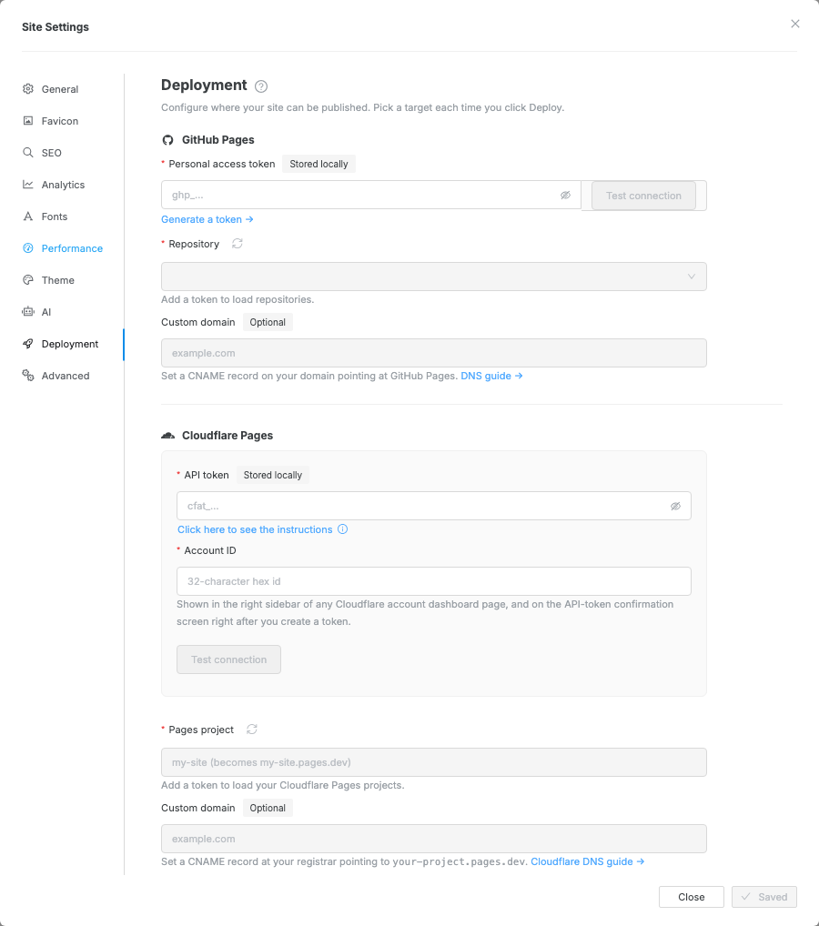 Swebsy Deployment settings open to the Cloudflare Pages configuration fields