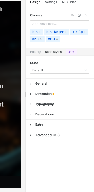 The Design panel showing the Dark editing context.