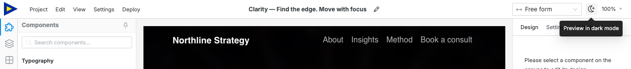 The Swebsy topbar with the dark mode preview icon beside the responsive device selector.
