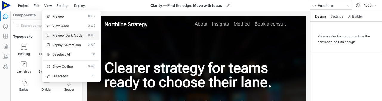 The Swebsy View menu with Preview Dark Mode highlighted.
