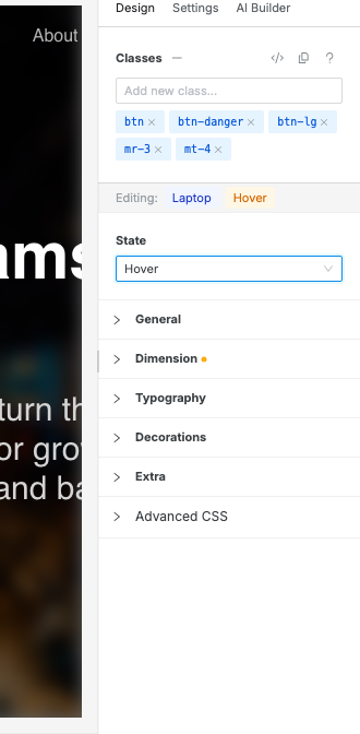 The Design panel Editing ribbon showing a Laptop breakpoint and Hover state.