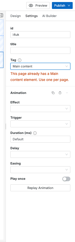 The Tag dropdown set to Main content, with the warning: This page already has a Main content element. Use one per page.