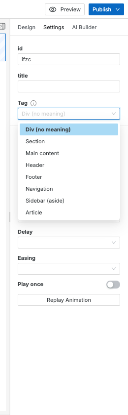 The Settings tab for a selected Div, with the Tag dropdown open listing Div, Section, Main content, Header, Footer, Navigation, Sidebar (aside), and Article.