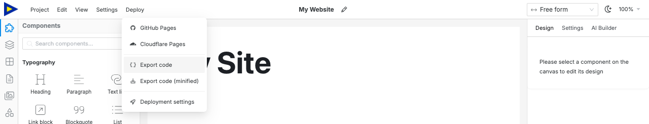 The Deploy dropdown open in the Swebsy top bar, with Export code highlighted