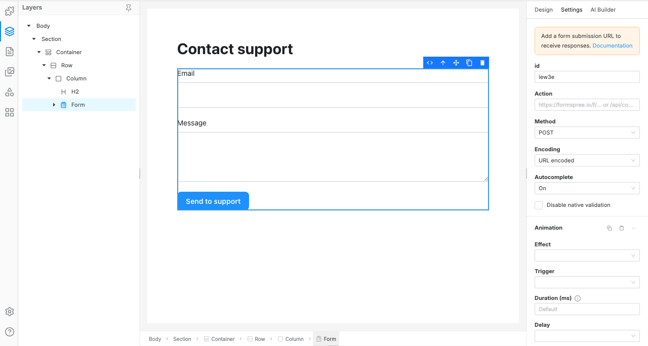Swebsy Studio with the Layers panel open on the left, the Form row selected, and the form's Action field in the Settings tab on the right.