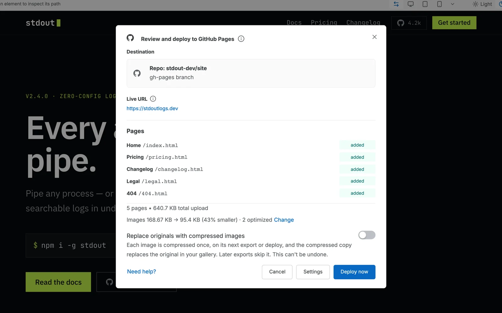 The GitHub Pages review dialog with a custom domain as the live URL.