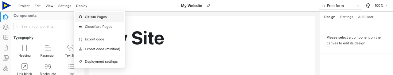 The Deploy dropdown open in the Swebsy top bar, with GitHub Pages highlighted