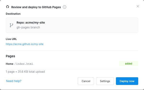 The Deploy review modal showing a GitHub repository, live URL, pages list, and Deploy now button