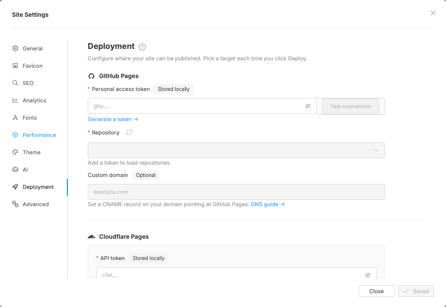 Swebsy Deployment settings open to the GitHub Pages configuration fields