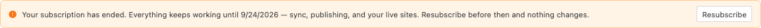 A warning banner on the My sites page stating the subscription has ended, naming the date everything keeps working until, next to a Resubscribe button.
