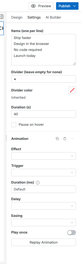 The Settings tab of the right sidebar with an Animation group at the bottom offering Effect, Trigger, Duration, Delay, Easing, and Play once.
