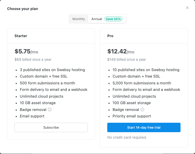 The Choose your plan dialog comparing Starter and Pro side by side, with a Monthly and Annual toggle.