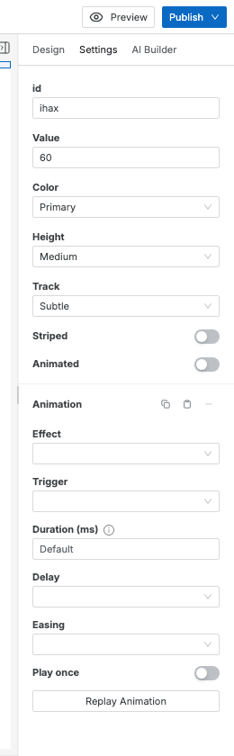 The Settings tab of the right sidebar for a selected progress bar, listing Value, Color, Height, Track, Striped, and Animated, then an Animation group.