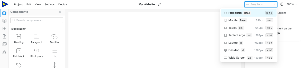 The Swebsy topbar device selector opened with responsive device options.