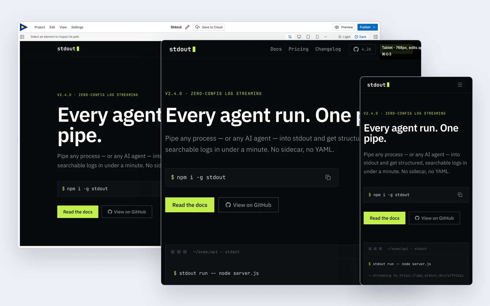 The same landing page in Swebsy Studio at desktop width, with the tablet and mobile canvas views in front of it.