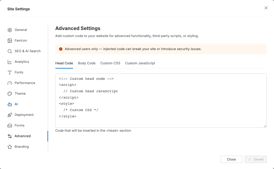 The Advanced tab of Site Settings with Head Code, Body Code, Custom CSS, and Custom JavaScript sub-tabs above a code field.