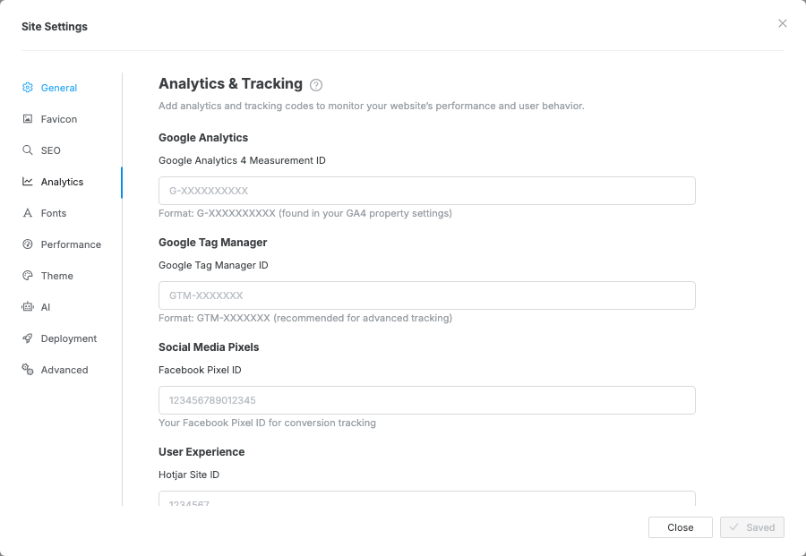The Site Settings modal opened to Analytics and Tracking settings.