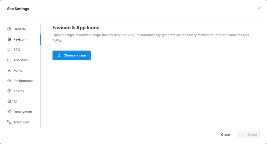 The Site Settings modal opened to Favicon settings.
