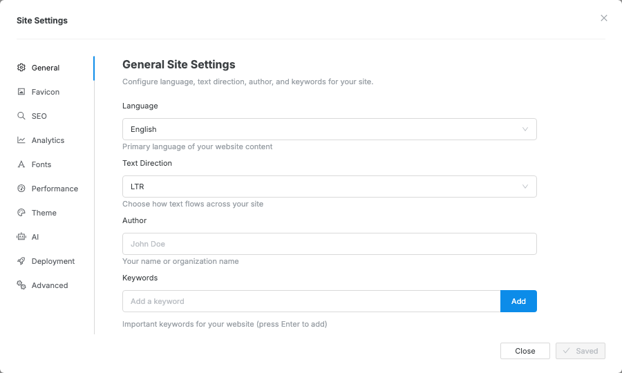 The Site Settings modal opened to General settings.