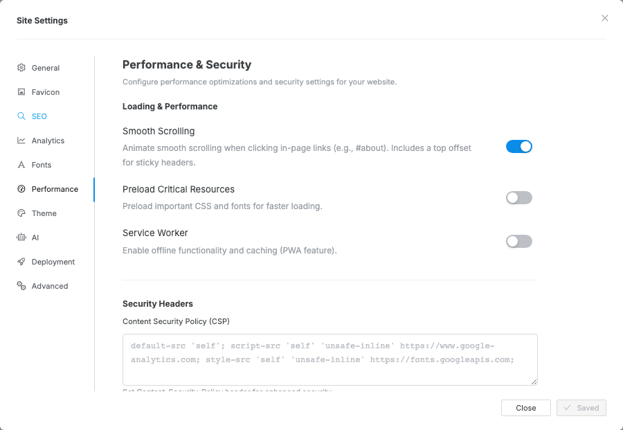 The Site Settings modal opened to Performance and Security settings.