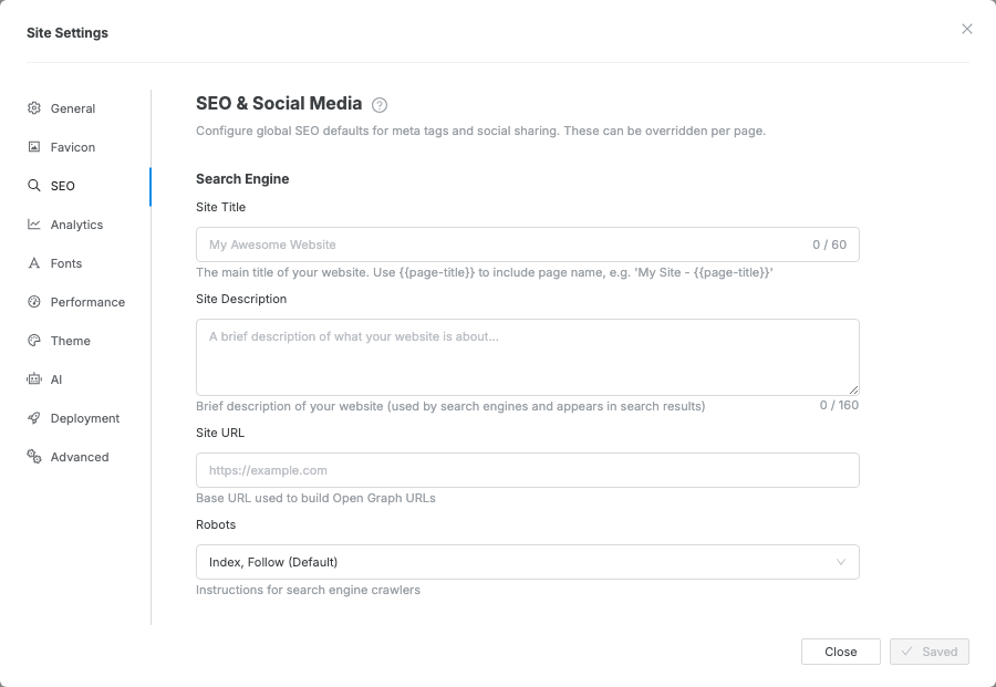 The Site Settings modal opened to SEO and social media settings.