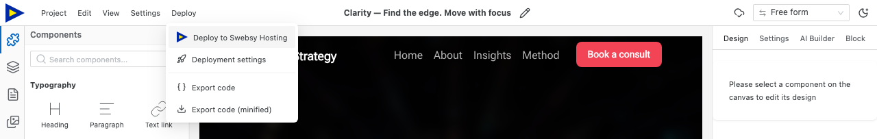 The Deploy dropdown open in the Swebsy top bar, with Deploy to Swebsy Hosting highlighted.