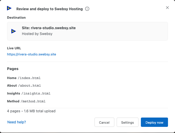 The Deploy review modal showing a Swebsy Hosting site address, live URL, pages, upload size, and Deploy now button.