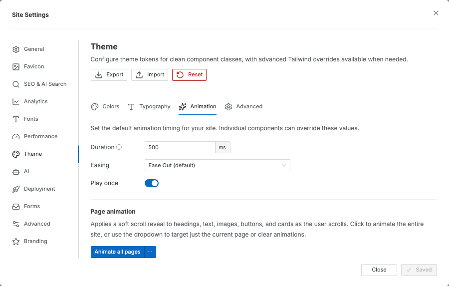 The Animation tab of the Theme settings, with Duration, Easing, and Play once controls above a Page animation section and an Animate all pages button.