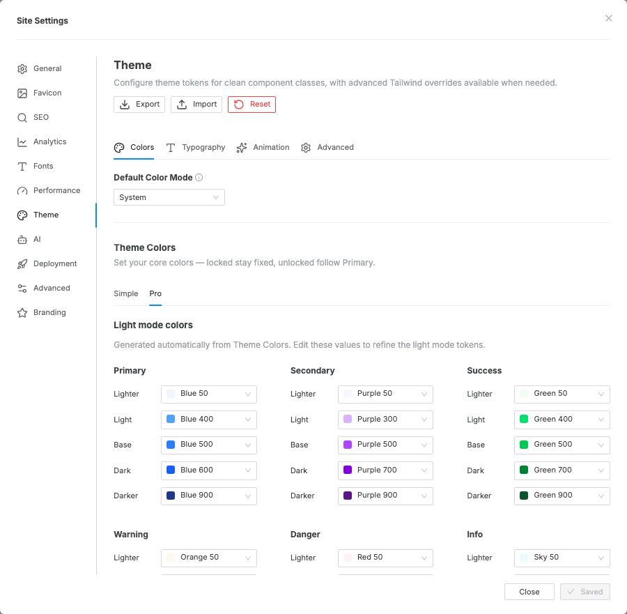 The Theme Colors Pro tab showing generated light mode color token dropdowns.