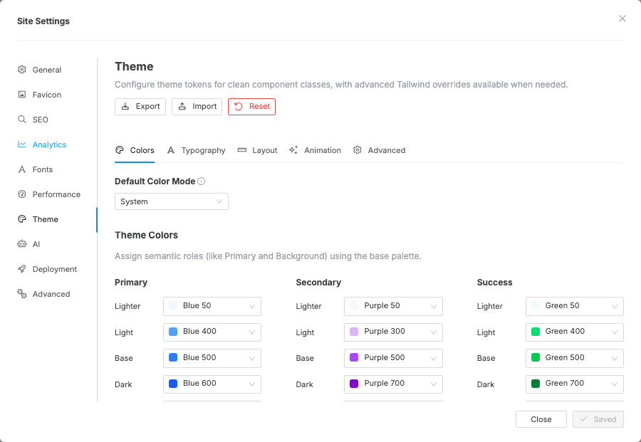 The Theme Colors section in the Colors tab, showing semantic color roles and shade dropdowns.